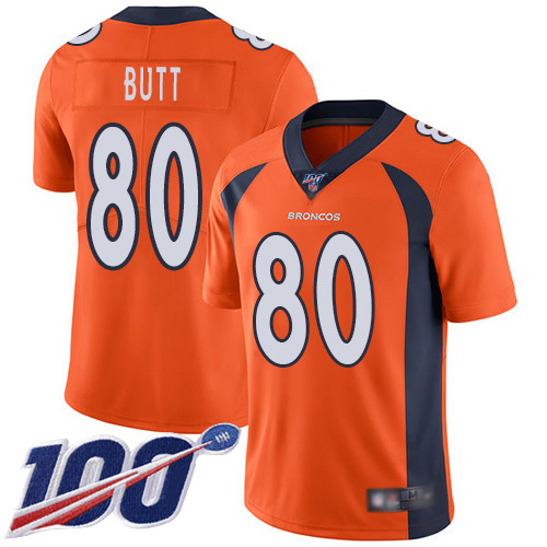 Men Denver Broncos #80 Jake Butt Orange Team Color Vapor Untouchable Limited Player 100th Season Football NFL Jersey